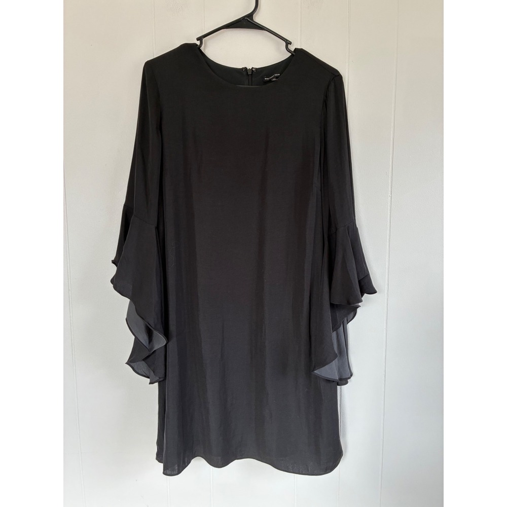 Who What Wear Black Bell Sleeve Shift Dress Tiered Mini Lined‎ Round Neck Womens